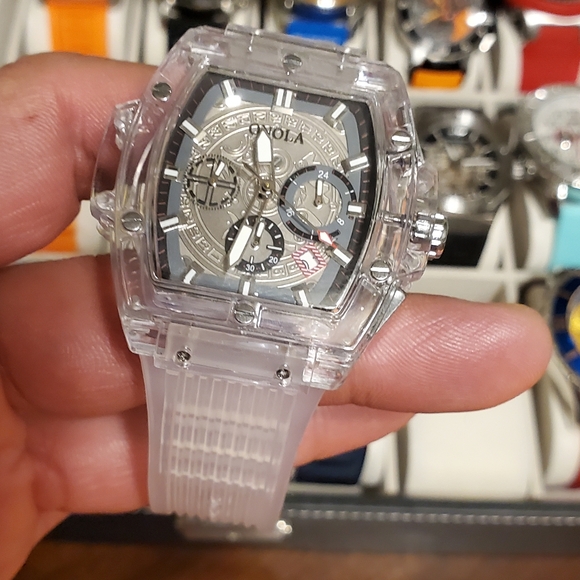 Transparent Clear Men Unisex Watch Skeleton Tonneau Hollow Fashion ONOLA Quartz - Picture 3 of 12